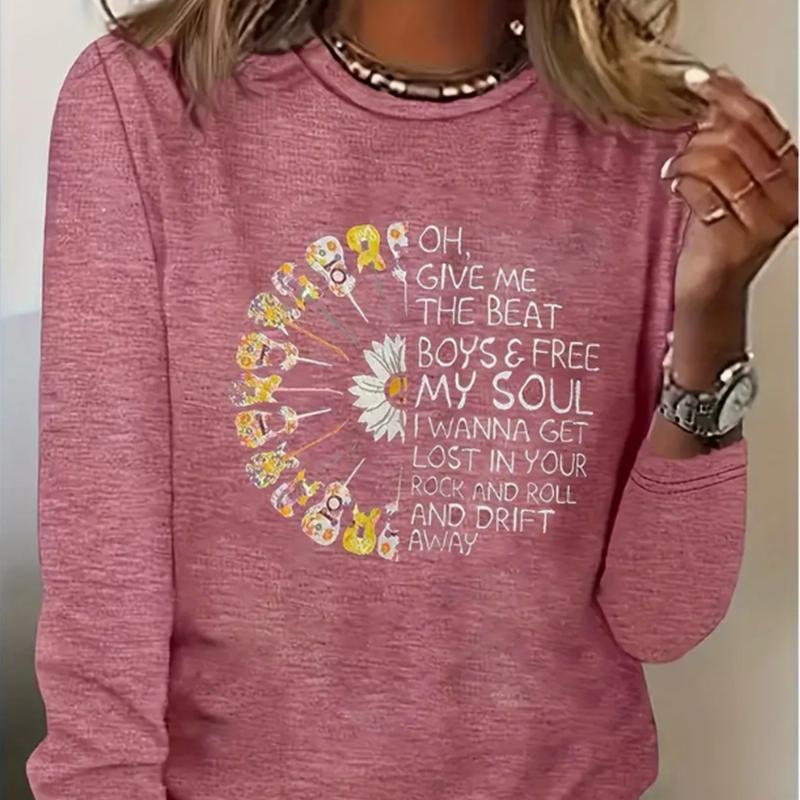 

Топы для женщин с принтом гитары и цветочным лозунгом, круглым вырезом и длинным рукавом, футболка на осень, облегающий женский топ с длинным рукавом XS розовый