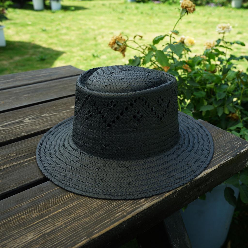 Japanese Retro Black Handmade Hollow Woven Wide-Brimmed Flat-Top Top Top Hat For Men And Women Summer Vacation Sunshade Sunscreen Straw Hat