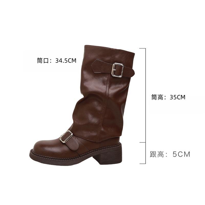 

Женские ковбойские сапоги в западном стиле, новые осенне-зимние плиссированные сапоги-чулки, толстый каблук, пряжка-ремень, ретро, средняя голень, сапоги-трубы, сапоги-рыцари 40 коричневый