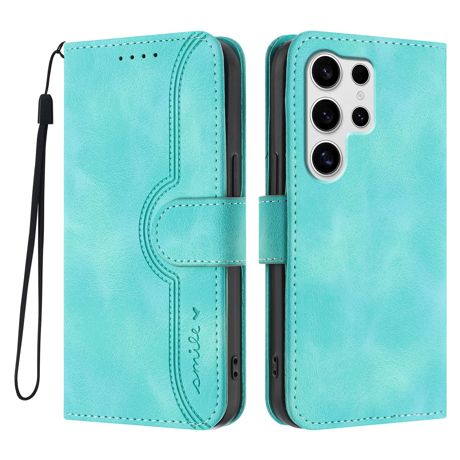 

For Samsung Galaxy S25 Ultra Leather Case Wallet Stand Smile Imprinted Phone Cover with Strap Light Blue