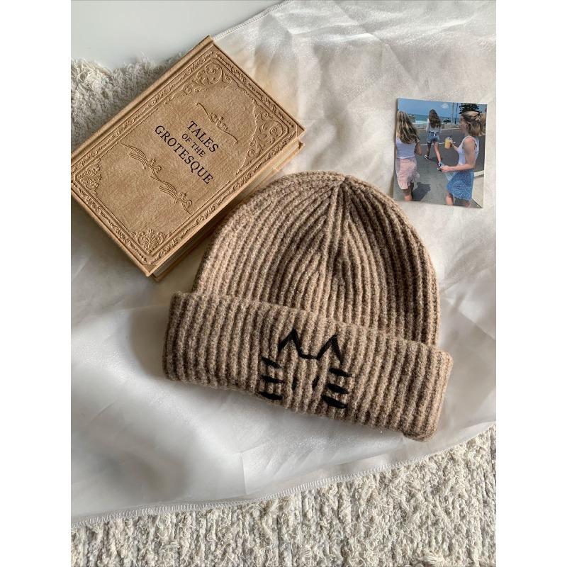 Line Kitten Cute Woolen Hat for Women in Autumn and Winter Warm and Windproof  Versatile Simple Ear Protection Hat Knitted Hat  Cold Hat