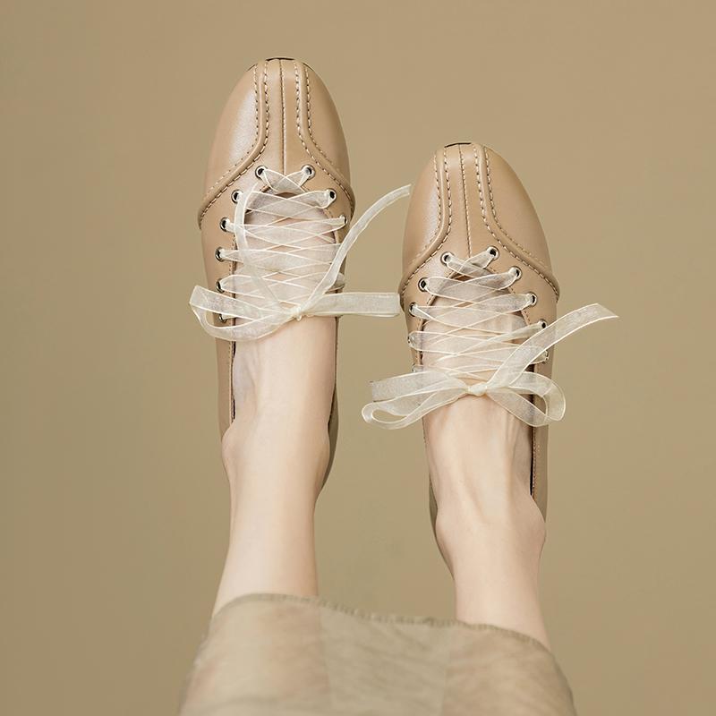 Fashion Women's new leather cowhide round toe spring and autumn low heel plus large lace up comfortable casual single shoe