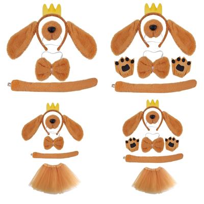 Hundeohren Stirnband Hundehaar Reif Set Plüsch Schwanz Fliege Hundenase Braun Netzrock Tier Verkleidungsset