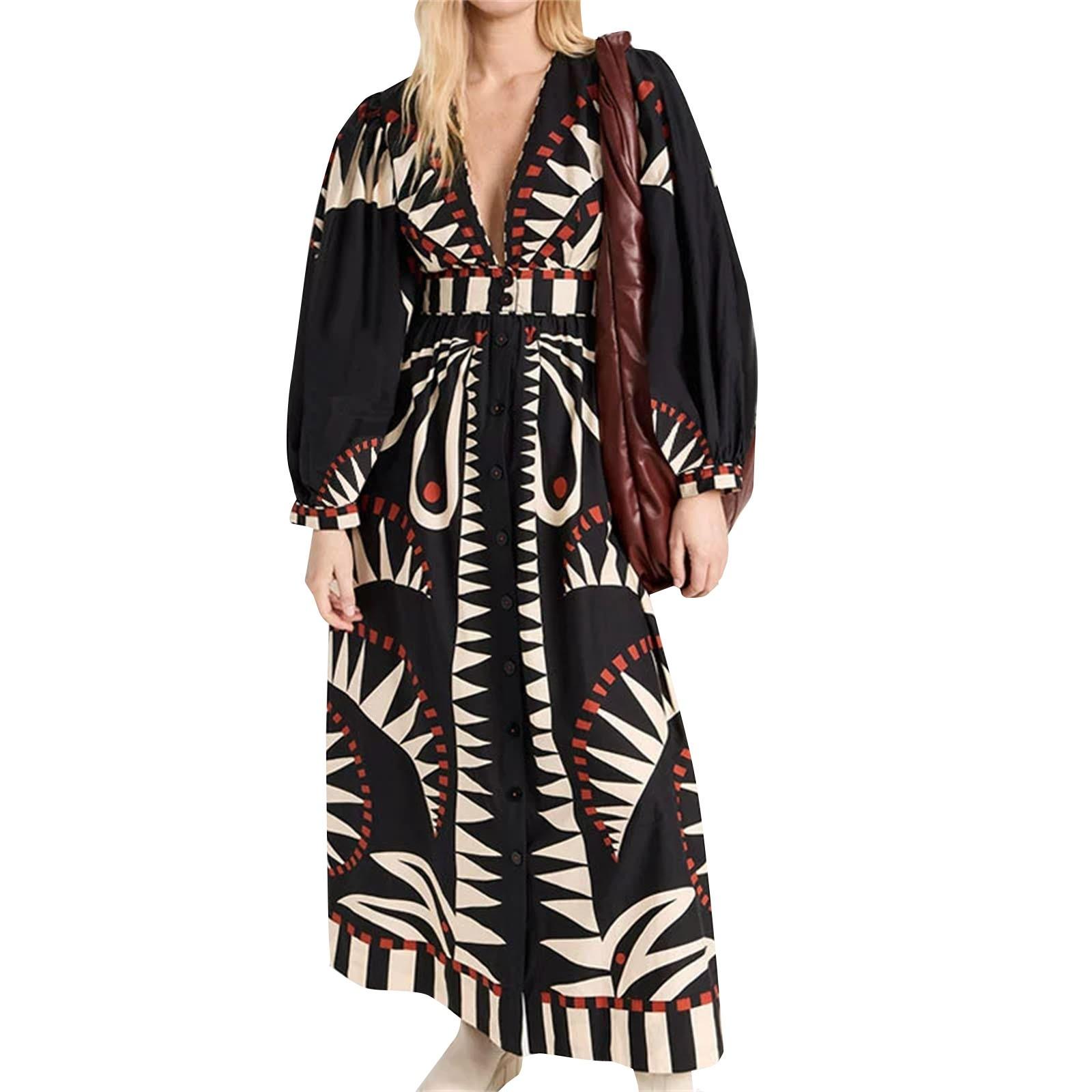 

Women s Spring Fashion Bohemian Printed Tie High Waist Long Sleeve V-Neck Waist Dresses XL чорний