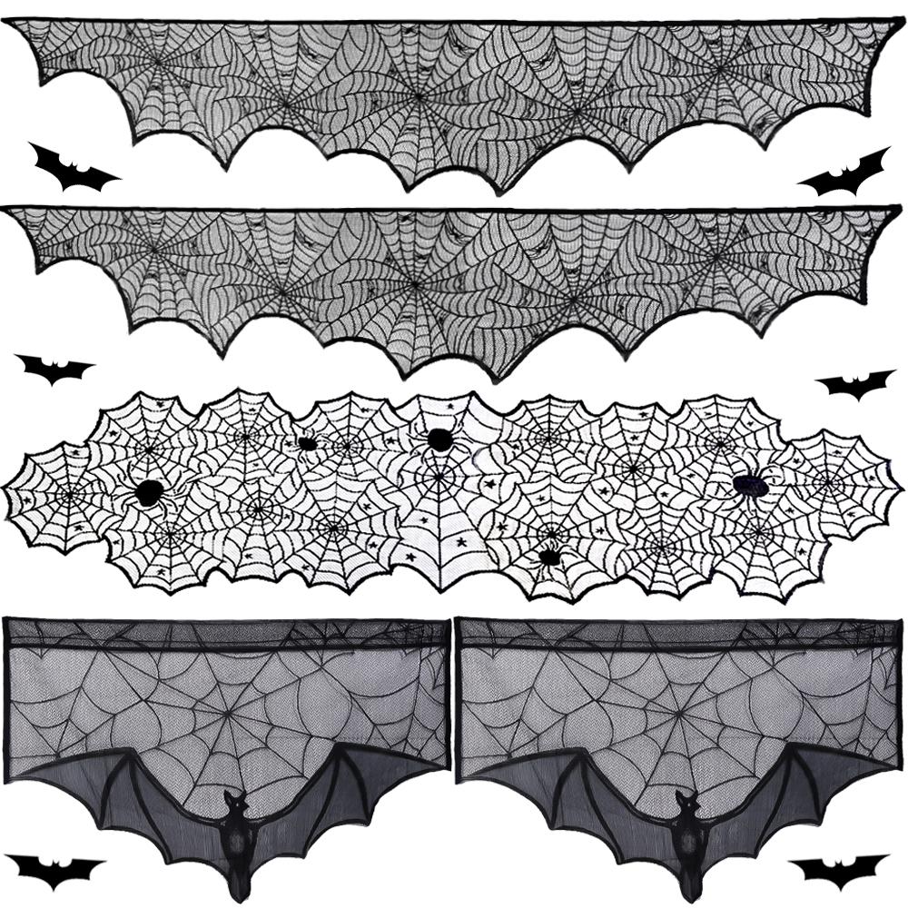 Hallowen Fledermaus Spinnennetz Tischläufer Türvorhang Spitze Spinnwebe Kaminabdeckung Lampenschirm Perfekt für Gotische Halloween-Dekoration