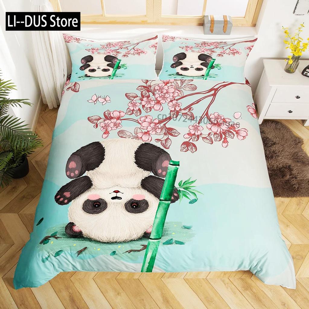 Panda Duvet Cover Set King Size Black And White Animal Comforter Cover With Pillowcases Starry Sky Blue Ultra Soft Quilt Cover