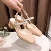 Fashion Pearls String Bead Sparkling One Word Buckle Leather Summer New Women Sandals Retro Elegant Pumps Doll Shoes Fashion All-match