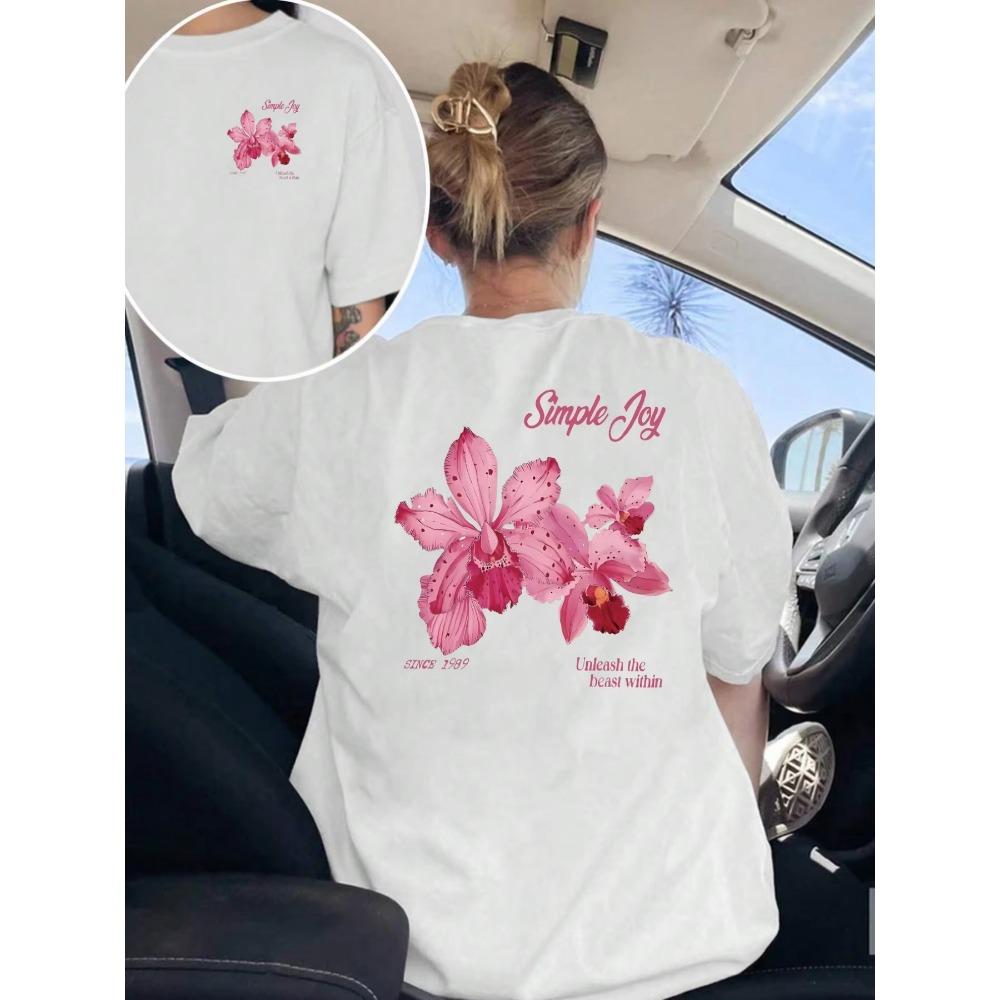 

Women s Pink Orchid Print T-Shirt, Short Sleeve, Round Neck Top, Summer Y2K Style T-shirt, Comfortable Women s Clothing Y2K Top M