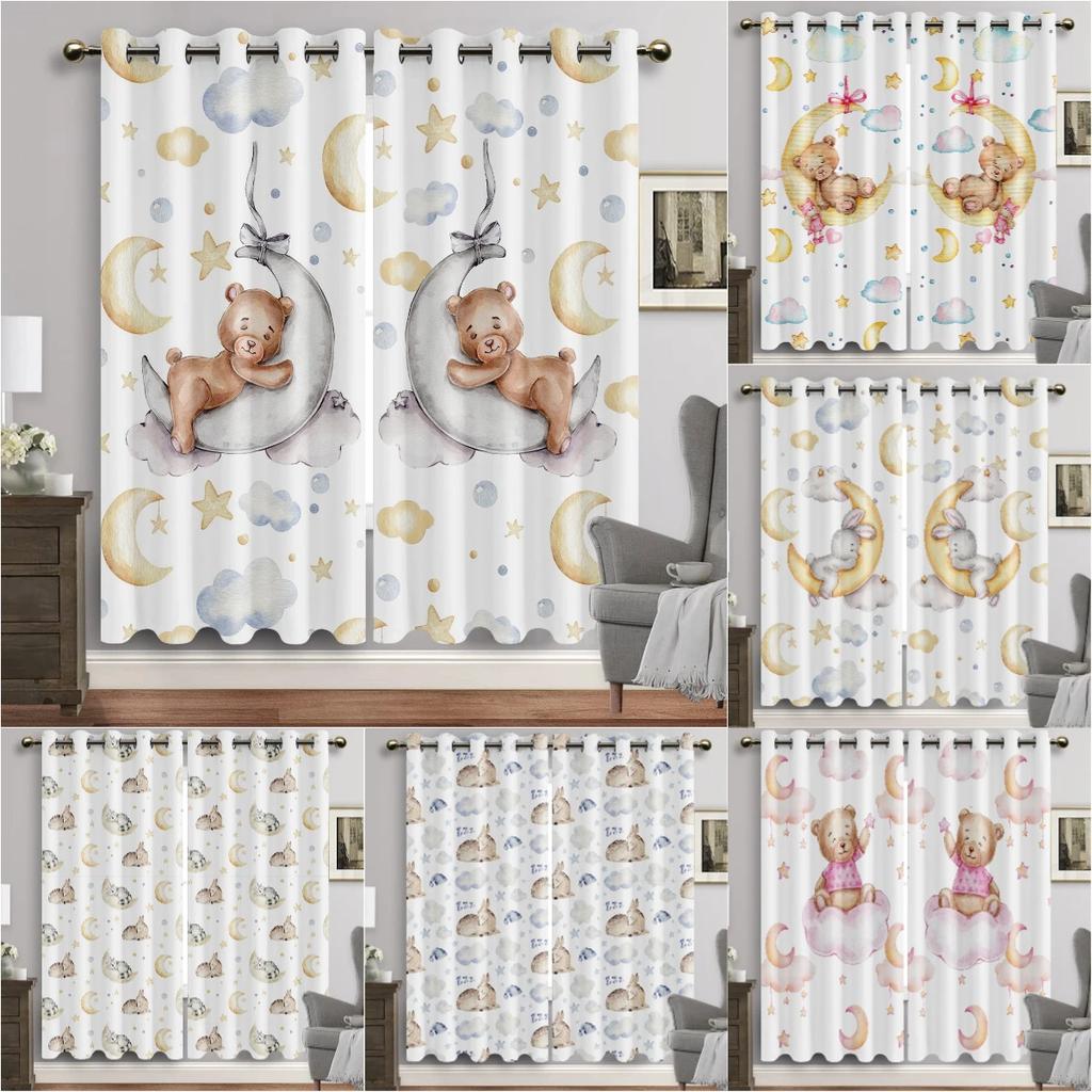 Cartoon Animals Window Curtain Living Room Watercolor Bunny Bear Eyelet Curtains Moon Print New Baby Room Drapes Free Shipping