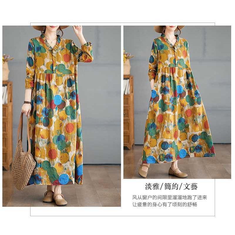 2025 New Retro Printed Loose Belly Shading Mulle Lace Long Sleeve Big Swing Long Dresses