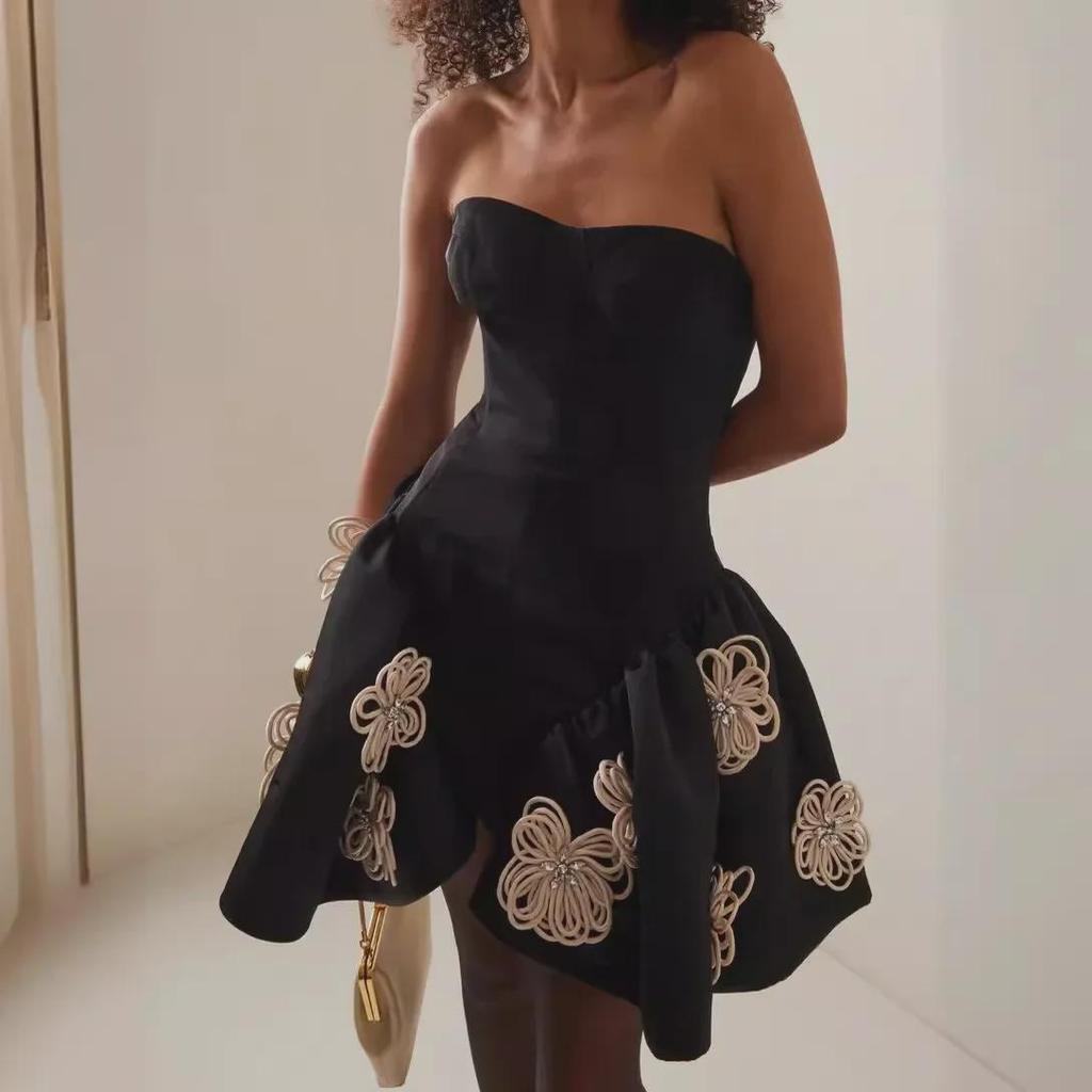 Women's French Hepburn Style Tube Top Tutu Skirt Dress with Black Floral Bandage Design - New Model