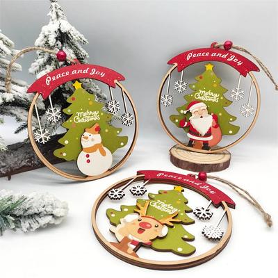 3-piece Set of Christmas Ornaments, Circular Hollow Wooden Pendant, Holiday Party, Christmas Tree Scene Decoration