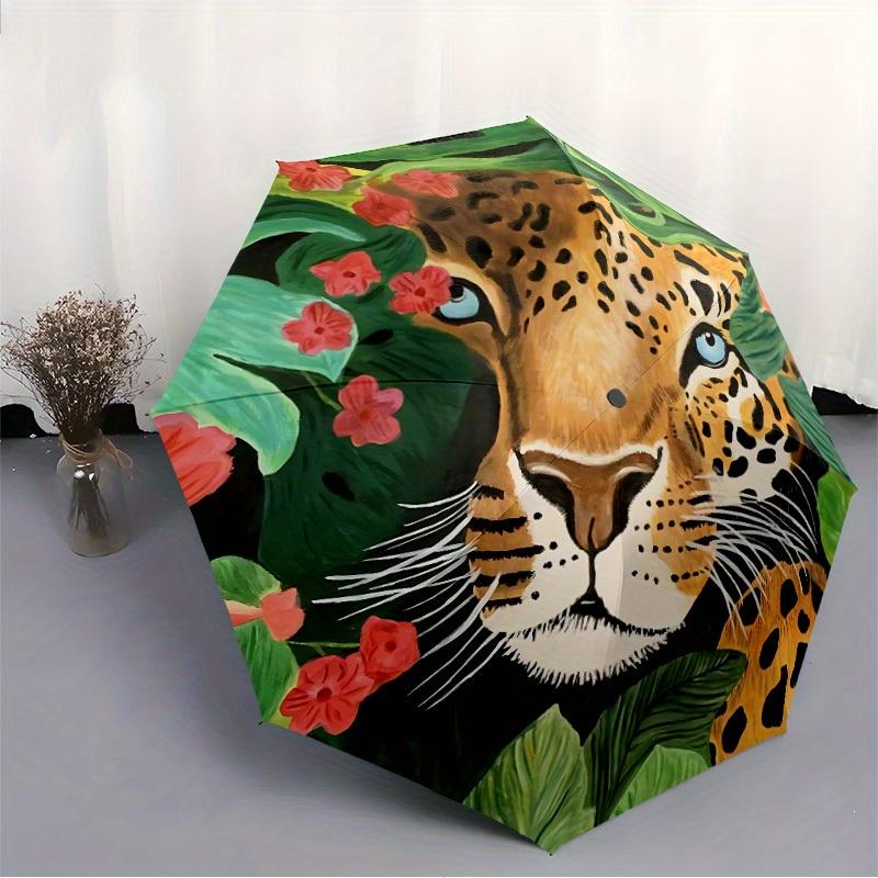 1pc Automatic Open/Close Umbrella - Leopard Face Design with Tropical Leaves, Heavy-Duty 8-Rib Construction, Compact Folding u