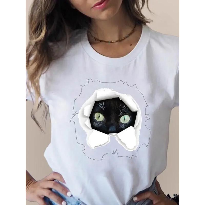 Summer Round Neck Cat Pattern Printed Top Fashionable Casual Short Sleeved Women's Pure Cotton T-shirts