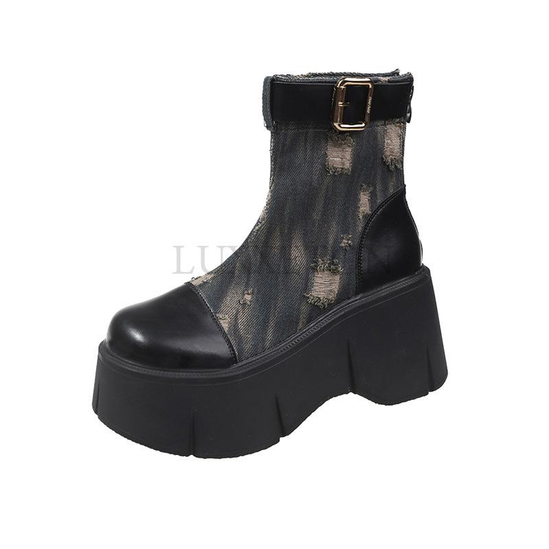 fashion Genuine Leather Denim Booties Autumn Spring Women Motorcycle Ankle Boots Platform Fashion Mid Calf Thick Heels Shoes
