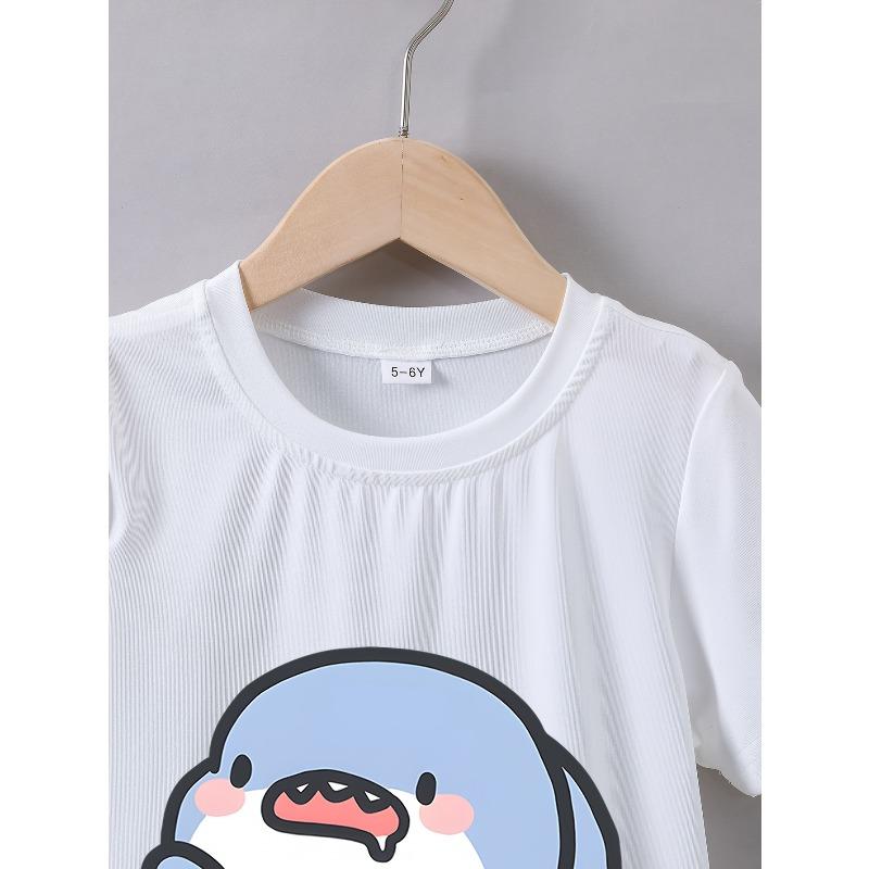 European Size Childrens Round-neck Short-sleeved T-shirt with Cartoon Shark Pattern Print