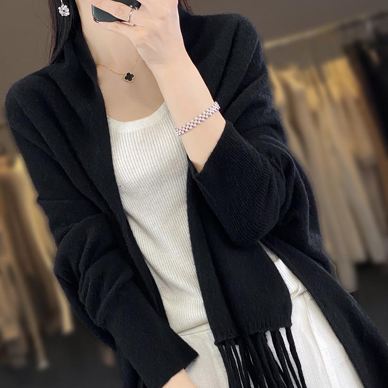 Casual Versatile Women's Pure Wool Tassel Knit Shawl Cardigan for Spring & Autumn