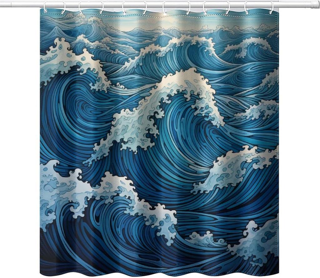 Japanese Wave Art Shower Curtain, Retro Monochrome Abstract Wave Decorative Bathroom Curtain, Asian Style Ocean Theme