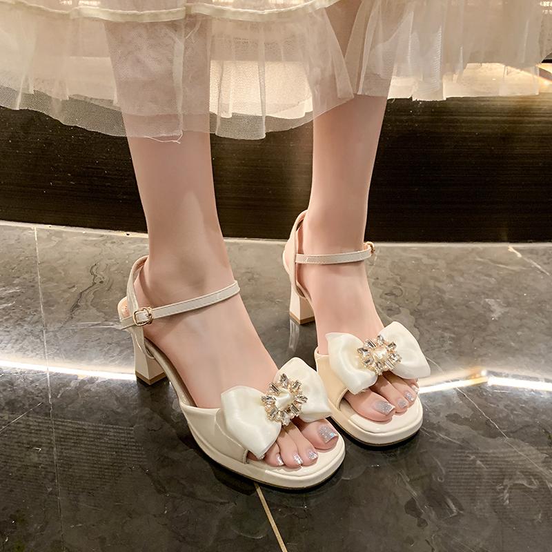 Summer New Block Heel Versatile One Buckle Strap Open Toe High Heels Bow Rhinestone Square Toe Sandals Women