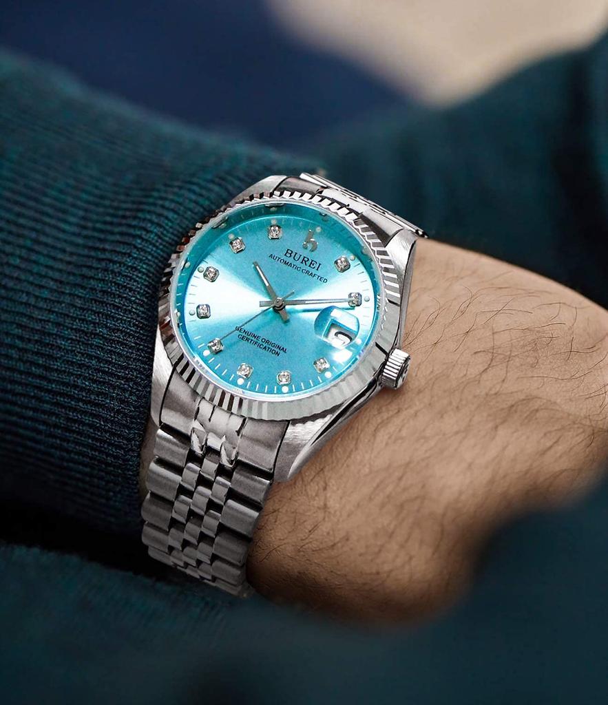 Automatic Mechanical Popular Arm Light Blue Watch [BUREI] Men's Watch, Waterproof, Analog, Date, Watch, Men's Brand, Stylish, Watch, Simple, Casual,