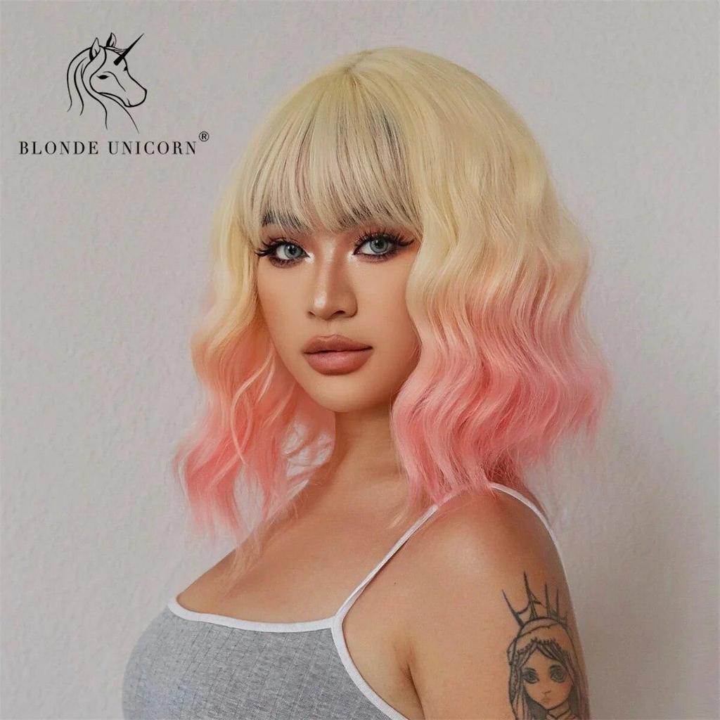 BLONDE UNICORN Ombre Blonde Pink Short Bob Wigs with Bangs Party Cosplay Halloween Natural Hair Synthetic Heat Resistant Fiber