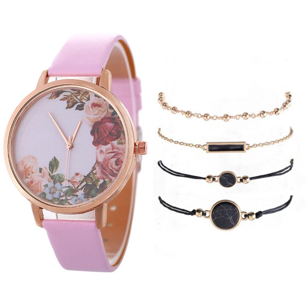Stylish And Simple Rose Face Leather Belt Watch Female Pu Belt Quartz Lady Watch Watch Bracelet Set Female