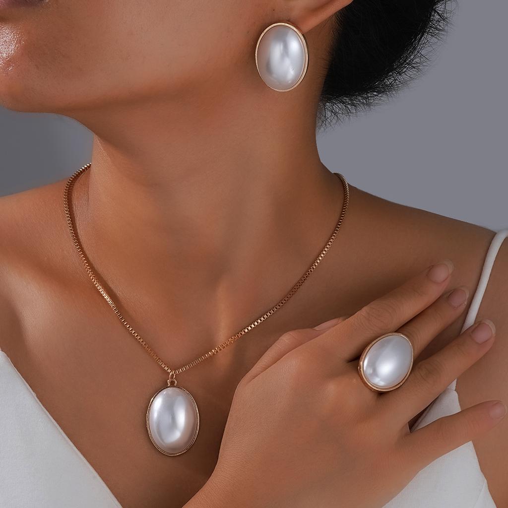 4pcs  Fashion Elegant Elipse Necklace Ring Earrings Jewelry Set For Women French Style Romantic Gifts