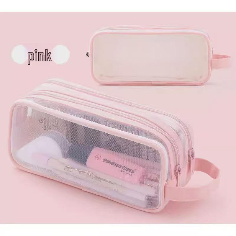 Large Capacity Double Layer Transparent Mesh Pencil Case for Girls & Boys - Perfect for School & Exams, Stylish & Portable