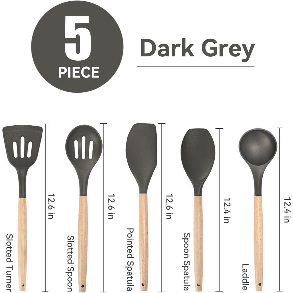 Silicone Kitchen Cooking Utensils Set, 5 Pcs Non-Stick Heat Resistant Wooden Handle (Grey, 5)