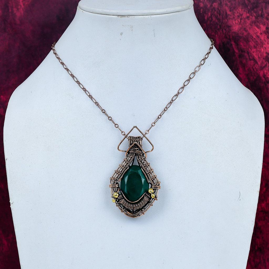 Faceted Zambian Emerald Gemstone Pendant Copper Wire Wrapped Handmade Jewelry