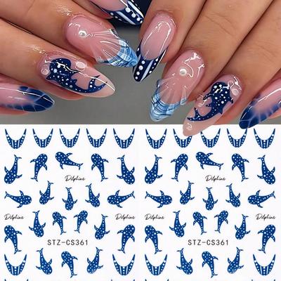 2 stuks Schattige Cartoon Blauwe Walvis Nagels Stickers, Oceaan Dolfijn Polka Dot Golf Lijn, Lente/Zomer Nagellak Stickers, Y2K Nagellak Decoraties