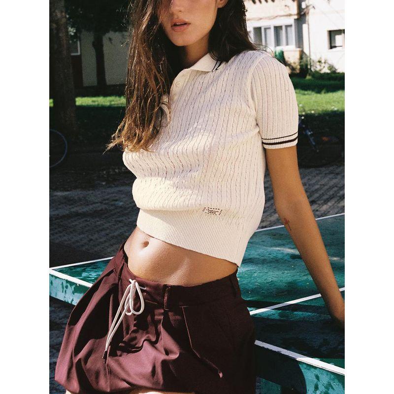 Za2024 Autumn New Women's Clothing Easiest for Match Slim Looking Rib Eight-Strand Knitted Short-Sleeved Lapel Polo Shirt 5644851