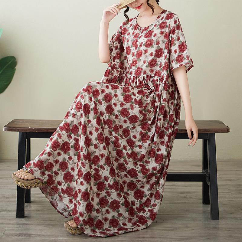New Plus Size Summer Short Sleeve Round Neck Printed Dress Plus Size