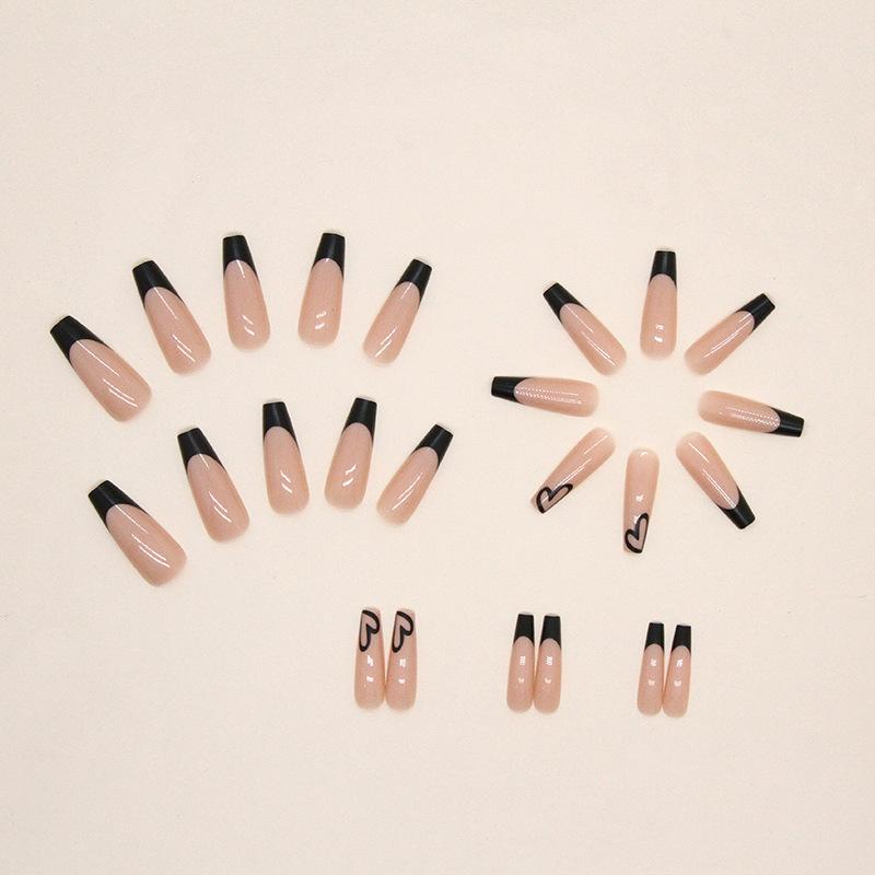 Sweet Cool Long Ballet Fake Nails Black French Simple Love Long Ballet Nail Pieces Valentine'S Day Nail Pieces 24 Pieces