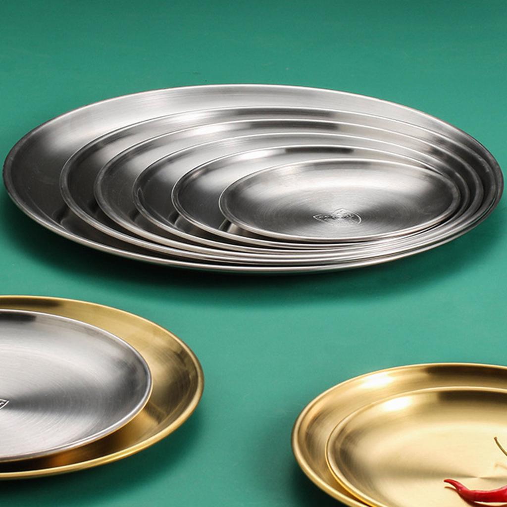 Zestaw 4 talerzy obiadowych ze stali nierdzewnej 304, okrągłe metalowe naczynia do serwowania, talerze do jadalni odpowiednie do użytku domowego i kuchennego