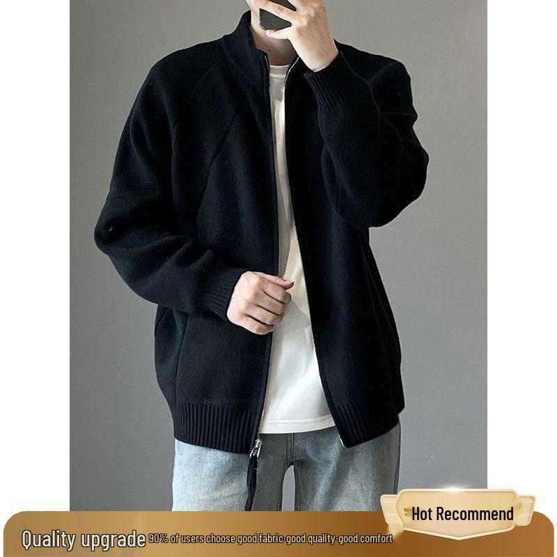 

CleanFit Men s Black Knit Cardigan: High-End, Plus Size, Stand Collar Zipper Sweater for Autumn/Winter 2XL (155-175 jin) чорний