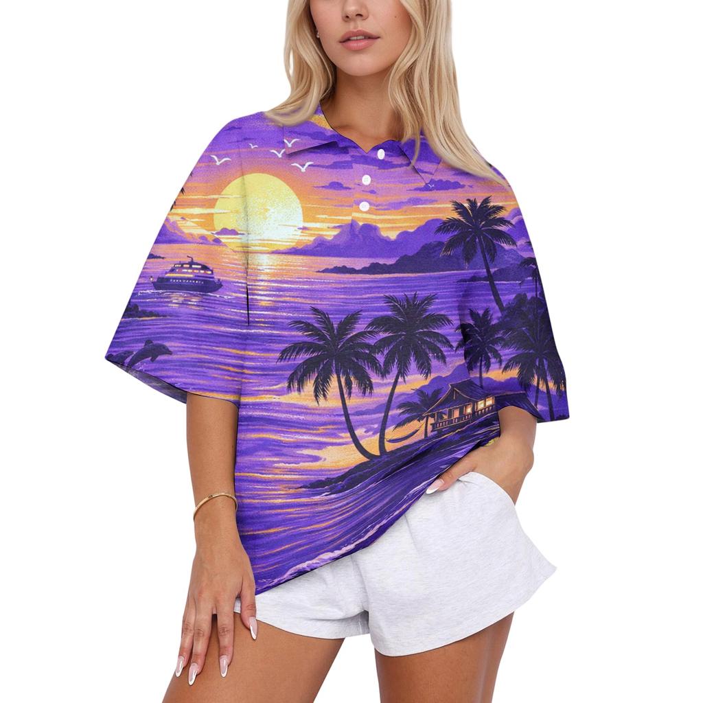 Women Loose Fit Polo Collar Shirt Casual Short Sleeve Top Soft Fabric Printed Blouse Relaxed Fit for Daily Wear Office School Travel