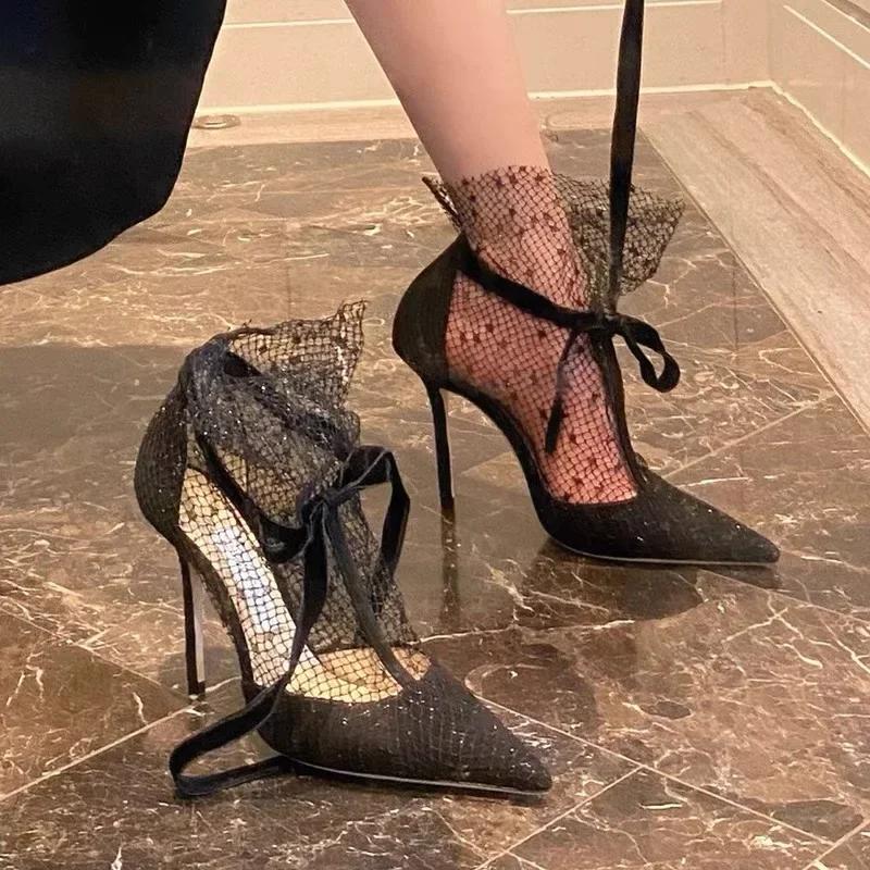 

Fashion 2025 Breathable lace mesh high heels for women s new summer internet celebrity sandals pointed toe thin heel mesh Roman sandals 34