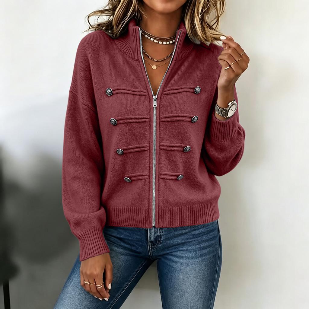 Women's Color Sweater Jacket with Stand Collar and Double Zipper for Casual Wear