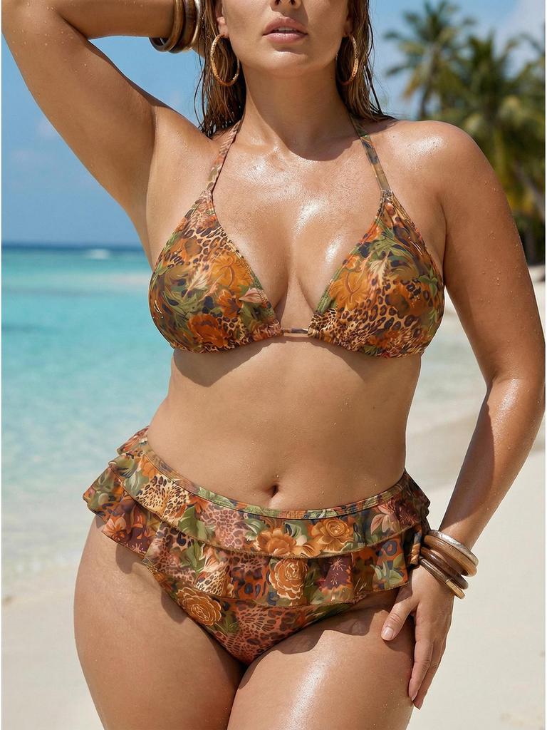 Europäischer & Amerikanischer 2026 Bedruckter Bikini: Sexy Schlankmachende Zweiteilige Badebekleidung in Übergröße für Damen für den Strand.