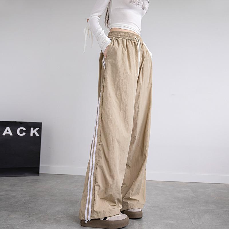 Side Striped Drawstring Quick-drying Overalls Women's Spring High Waist Tied Feet Wide Legs Two Wear Sports Casual Trousers