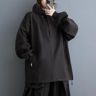 Maglietta con cappuccio nera a maniche lunghe da donna, casual, ampia, primavera, autunno, soprabito