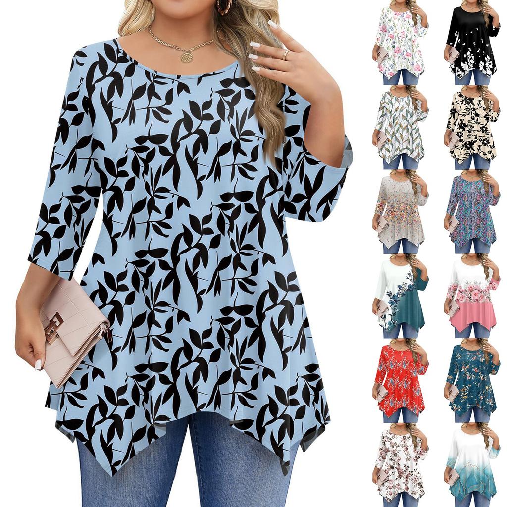 Womens Plus Size 3/4 Sleeve Shirts  Round Neck Tunic Tops Basic Loose Fit Tee Tops L-5XL