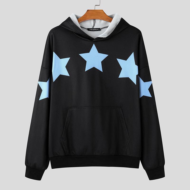 INCERUN Herren Frühling Übergroße Hoodies Langarm Stern Print Kapuzen Sweatshirts