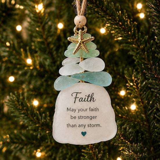 Christmas Tree Decor Sea Glass Ornament, Seaglass Art Hanging with Starfish Charm, Acrylic Ornaments Peace Love Joy Faith Family Friends Hope Pendant