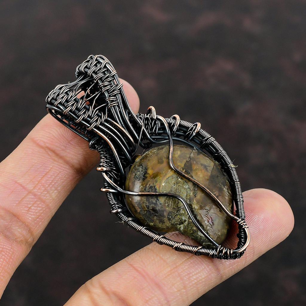 Ammonite Fossil Pendant Copper Wire Wrapped Pendant Rainbow Moonstone Pendant Handmade Copper Jewelry Gift For Her Wrapped Gemstone Pendant
