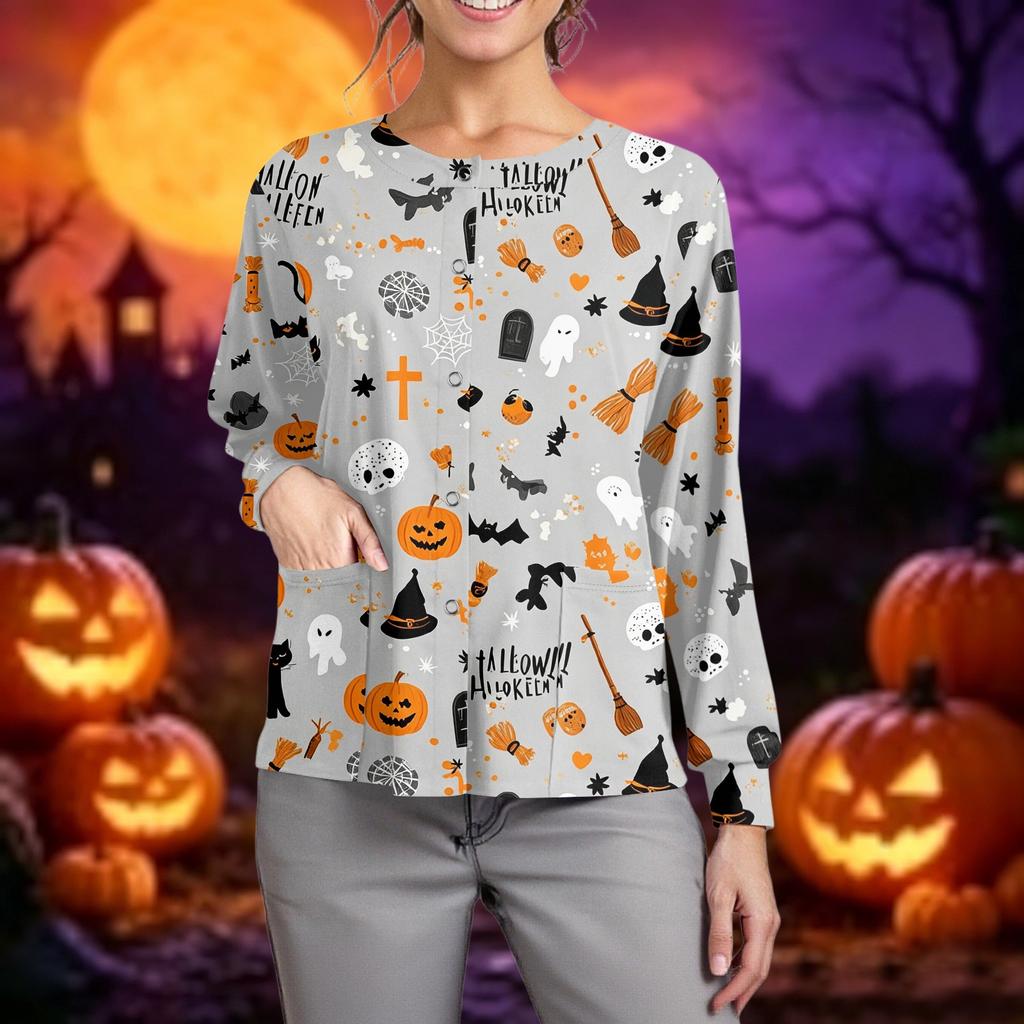 Women Long Sleeve Button Front Cardigan Halloween Print Lightweight Knitwear Pullover Top for Casual Wear and Work
