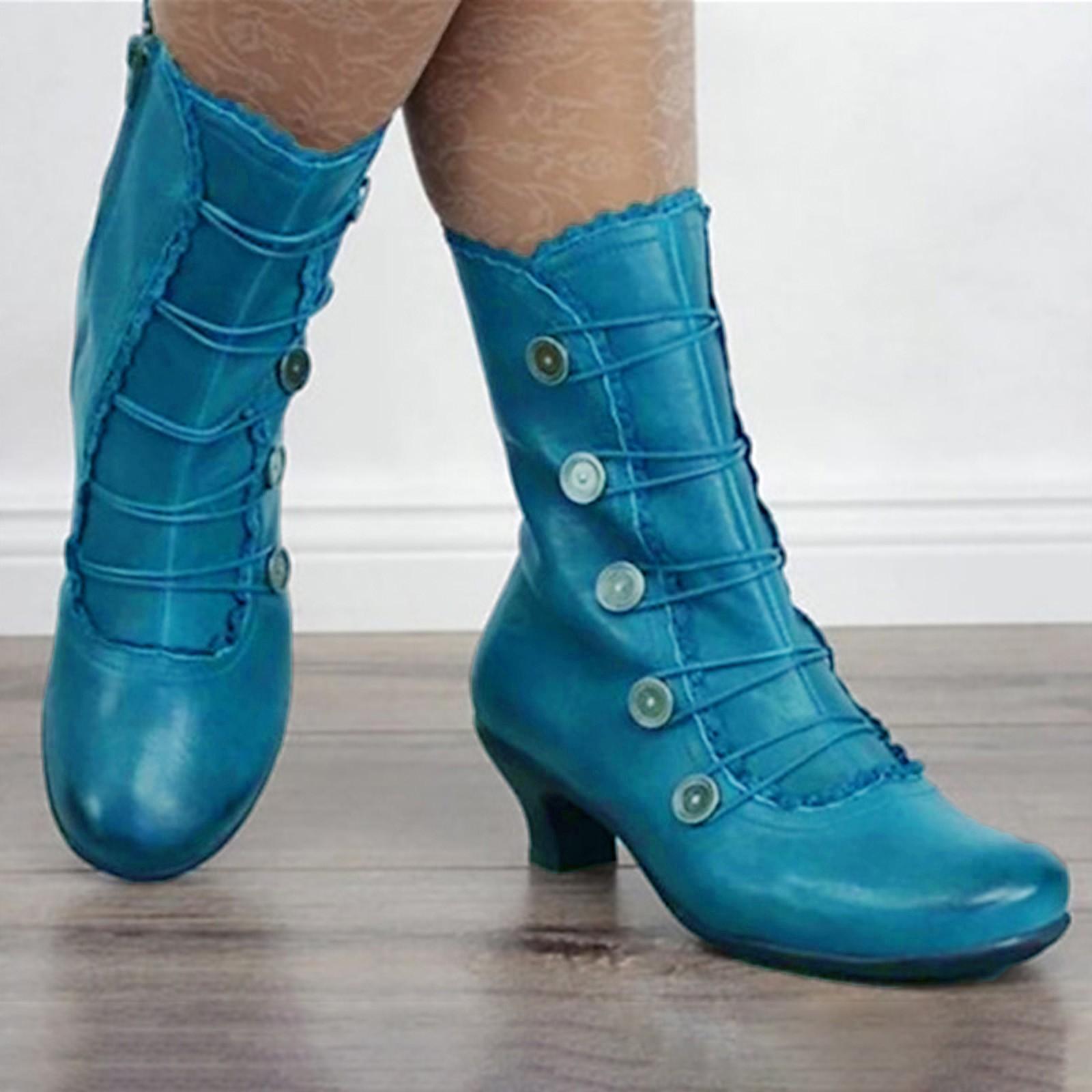 2026 Elegante Damenschuhe Mittelhohe Stiefel Herbst und Winter Mittelhohe Stiefel Mode Neue Spitze Zehenstiefel Botines Para Mujeres 42 blau