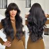 Women’s Natural Black Tea Brown Long Curly Wig with Blunt Bangs Full Wig for Daily Wear