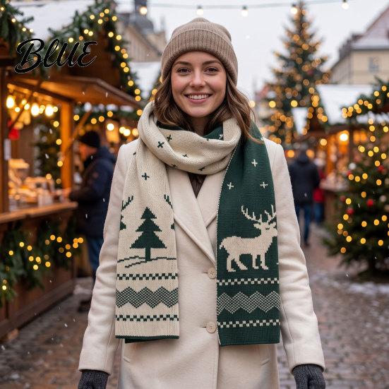 Winter Warm Knitted Scarf for Women Reversible Fair Isle Snowflake Reindeer Holiday Scarf Soft Long Wrap Christmas Festive Accessories Elk